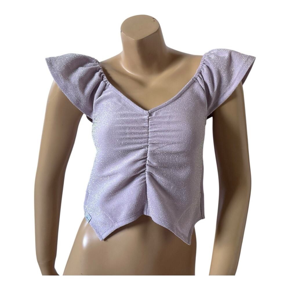 Circus NY By Sam Edelman Lavender Shimmer Flutter Sleeve Ruched Crop Top Size S
